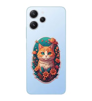Xiaomi Redmi 12 Uyumlu Uyumlu Çiçek ve Kedi Tasarımlı Şeffaf Telefon Kılıfı