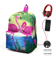 Coral High Pembe Flamingo Desenli Üç Bölmeli USB Şarjlı Kulaklık Çıkışlı Sırt Çantası 23424