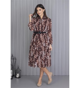 Neşeli Butik Kadın Kahverengi Kemerli Leopar Desenli Şifon Elbise Apcx04