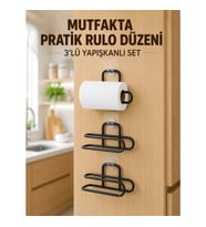 Mey İthalat® 3’lü Yapışkanlı WC Kağıtlığı Siyah Rulo Tutucu Banyo ve Mutfak Kullanımı