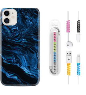 Apple iPhone 11 12 13 Mini Kılıf Kablo Koruma Spiral Silikon Blue MArble 1379