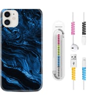 Apple iPhone 11 12 13 Mini Kılıf Kablo Koruma Spiral Silikon Blue MArble 1379