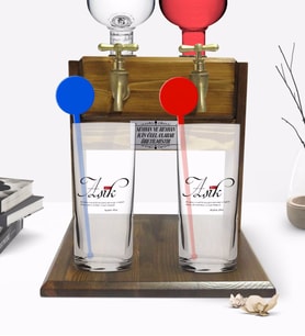 BK Gift Kişiye Özel Renkli Baskılı Mânâ Aşık Tasarımlı İkili Vodka Bardağı ve Çift Musluklu Doğal Ahşap Vodka Standı-1 (Model 1)