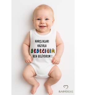 Harçlıkları hazırla dedeciğim, ben geliyorum! Yazılı Kolsuz Bebek Body %100 Pamuk Komik Yazılı Zıbın (Beyaz)