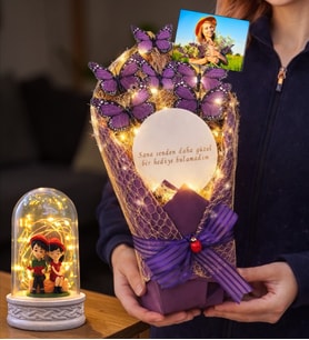 Size Özel Fotoğraflı Led Işıklı Aynalı Kelebek Buketi & Led Işıklı Fanuslu (Model 10)