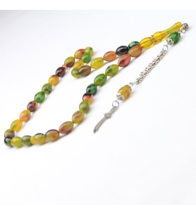 Arpa Kesim 10X7 mm Hareli Sıkma Kehribar Alpaka Püsküllü Tesbih