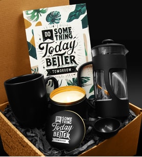 Siyah Mat Kupa & Özel Tasarım Defter & French Press & Özel Tasarım Mum Hediye Seti