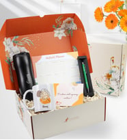 Turuncu Çiçekli Kutusunda Kişiye Özel Klasik Model 400ml Siyah Çelik Termos & Haftalık Planner & Yeşil Tükenmez Kalem & Baskılı Kupa Hediye Seti