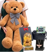 Kahve Büyük Boy Peluş Ayıcık, Size Özel Işıklı Fanus ve Anka Kuşu Kolye (Model 5)