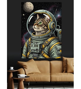 Uzay Boşluğunda Astronot Kedi Dekoratif Kanvas - Mdf Ahşap Tablo