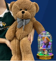 Size Özel Renkli Led Işıklı Fanus ve Büyük Boy Kahverengi Peluş Ayıcık Hediye Seti (Model 6)