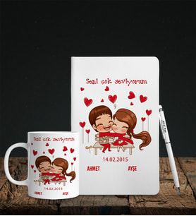 Sevgililer Gününe Özel Beyaz Deri Defter Kalem Kupa Hediye Seti 14
