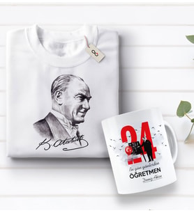 BK Gift Kişiye Özel Öğretmenler Günü Tasarımlı Kupa Bardak ve Atatürk Baskılı Tişört Hediye Seti- 3-4, Öğretmene Hediye, Öğretmenler Günü, 100. Yıl Hediyesi