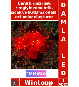 #Led Dekoratif Aydınlatma Süsleme Yılbaşı 10 Metre Damla Uçlu Şık Kırmızı Işık Şeffaf Kablo 100 Led