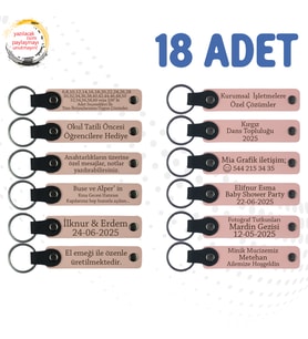Pudra & Yavru Ağzı, 18’li Set, Kişisel Mesajlı Deri Anahtarlık, Düğün Misafirlerine Özel Hediye