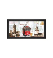 Tramvay Eski Galata ve Kız Kuleleri Motifli Kanvas Tablo 50 x 70 cm Siyah Çerçeve