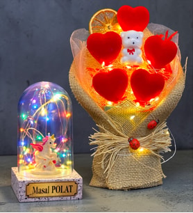 Led Işıklı Kırmızı Kalp Buketi ve Renkli Işıklı Unicorlu Fanus Kişiye Özel Hediye