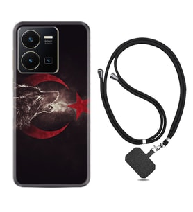 Vivo Y22 Kılıf Resimli Boyun Askılı İpli Desenli Silikon Kurt ve Ay Yıldız 1403