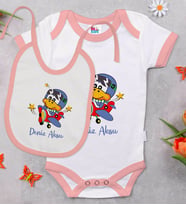 BK Kids Kişiye Özel Sevimli Pilot Tasarımlı Pembe Bebek Body Zıbın ve Mama Önlüğü Hediye Seti-2