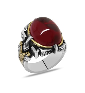 Kırmızı Ruby Taşlı Kalem İşçilik Tasarım 925 Ayar Gümüş Erkek Yüzük