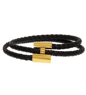 Unisex Siyah Renk Sarmal Deri Bileklik (Gold)