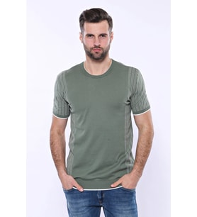 Bisiklet Yaka Kenarları Desenli Yeşil Örme T-shirt  Wessi