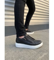Warrior Bağcıklı ve Fermuarlı Cilt Erkek Günlük Sneaker Ayakkabı CBT - Siyah