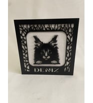 Kişiye Özel İsimli Kedi Tasarımlı Dekoratif LED Ahşap Gece Lambası - 14x14 cm