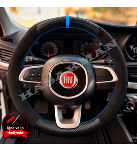 Fiat Egea Station Wagon Dikme Direksiyon Kılıfı Alcantara Süet Mat Karbon Mavi Yüzük ve Dikiş 2016-2021