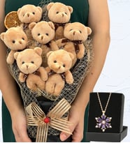 Büyük Boy 7'li Tasarım Peluş Ayıcık Buketi ve Gerçek Ametist Taşlı Lotus Kolye (Model 2)