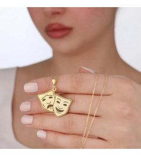 Kişiye Özel 925 Ayar Gümüş Gülen ve Ağlayan Tiyatro Maske Kolye Sanatsal Zarif Takı (Gold)