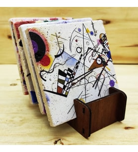 Wassily Kandinsky - Traverten Bardak Altlığı 4'lü Set Standlı