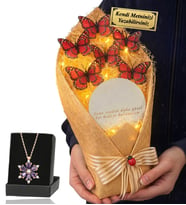 Kişiye Özel Led Işıklı Aynalı Kelebek Buketi ve Gerçek Ametist Taşlı Lotus Kolye (Kırmızı)