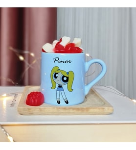 Power Puff Girls Tasarımlı Kişiye Özel Mavi Türk Kahvesi Fincan