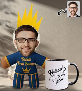 BK Gift Kişiye Özel Fotoğraflı Kral Babam Tasarımlı Bebek Yastık-2 & Siyah Kupa Bardak Hediye Seti-2, Babalar Günü Hediye, Babaya Hediye