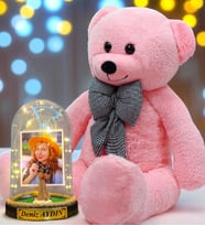 Kişiye Özel Premium Hediye Seti  Led Işıklı Fanus ve 80cm Büyük Boy Pembe Peluş Ayıcık (Model 8)