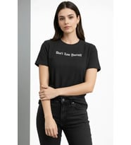 Wafıl Kumaş Tişört Regular Kalıp Bisiklet Yaka Baskılı Günlük Basic T-Shirt - Siyah