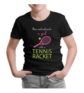 Tenis - Kız Pembe Raket Siyah Çocuk Tshirt