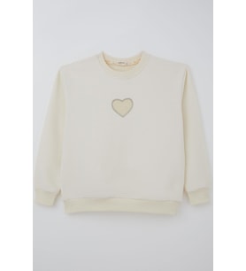 Breeze Kız Çocuk Sweatshirt Işıltılı Kalp Masalı İnci İşlemeli 9-14 Yaş, Krem