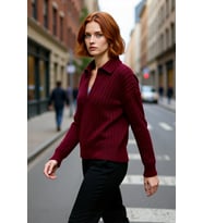 Kadın Oversize Polo Yaka Düşük Kol Fitilli Triko Kazak Kışlık Günlük Şıklığı Tamamlayan Konforlu