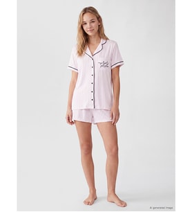 LCW DREAM Ekru Çizgili %100 Pamuklu Kadın Şortlu Pijama Takımı