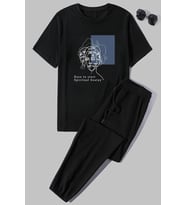 Unisex Minimal line drawing Baskılı 2'li Eşofman Takımı (Siyah)