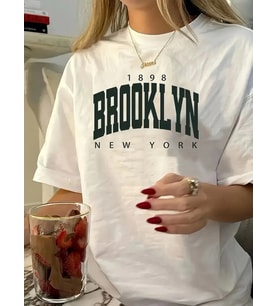 Baskılı Oversize Bisiklet Yaka T-shirt - Beyaz