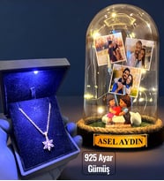 Işıklı Kutuda 925 Ayar Gümüş Lotus Kolye ve Size Özel Led Işıklı Fanus - Premium Set (Model 10)