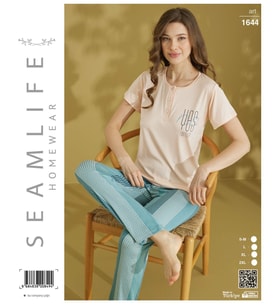 Seamlife Kadın Extra Yumuşak %100 Pamuk Milan Kısa Kollu Pijama Takımı (Somon)
