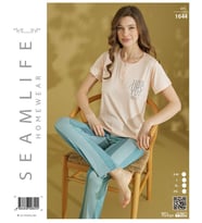 Seamlife Kadın Extra Yumuşak %100 Pamuk Milan Kısa Kollu Pijama Takımı (Somon)