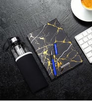 Kişiye Özel Mavi Roller Kalem & Siyah Mermer Desen Defter & Özel Kılıflı 500Ml Cam Matara Hediye Seti