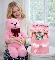Kişiye Özel Fotoğraflı Seni Seviyorum Tasarımlı Peluş Ayıcık Buketi Ve 80 Cm Peluş Ayıcık (Pembe)