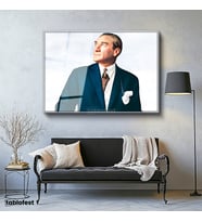 Gümüş Renk Metal Çerçeveli Tamperli Cam Tablo Atatürk Bulutlu Fon Portre Atatürk Tablosu Duvar Dekoru