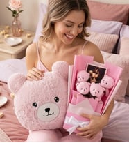 Kişiye Özel Fotoğraflı Pembe Peluş Ayıcık Buketi & Ayı Yastık - Özel Gün Hediyesi  Sevgiliye Kıza Eşe Arkadaşa Hediye (Toz Pembe)